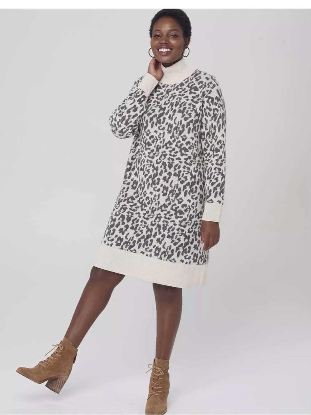 Cream and Black Leopard Print Turtleneck Sweater Dress